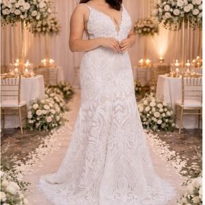 Leigh Siena Celine Gown Ivory Sequin Lace Mermaid Wedding Dress Size 16 NEW